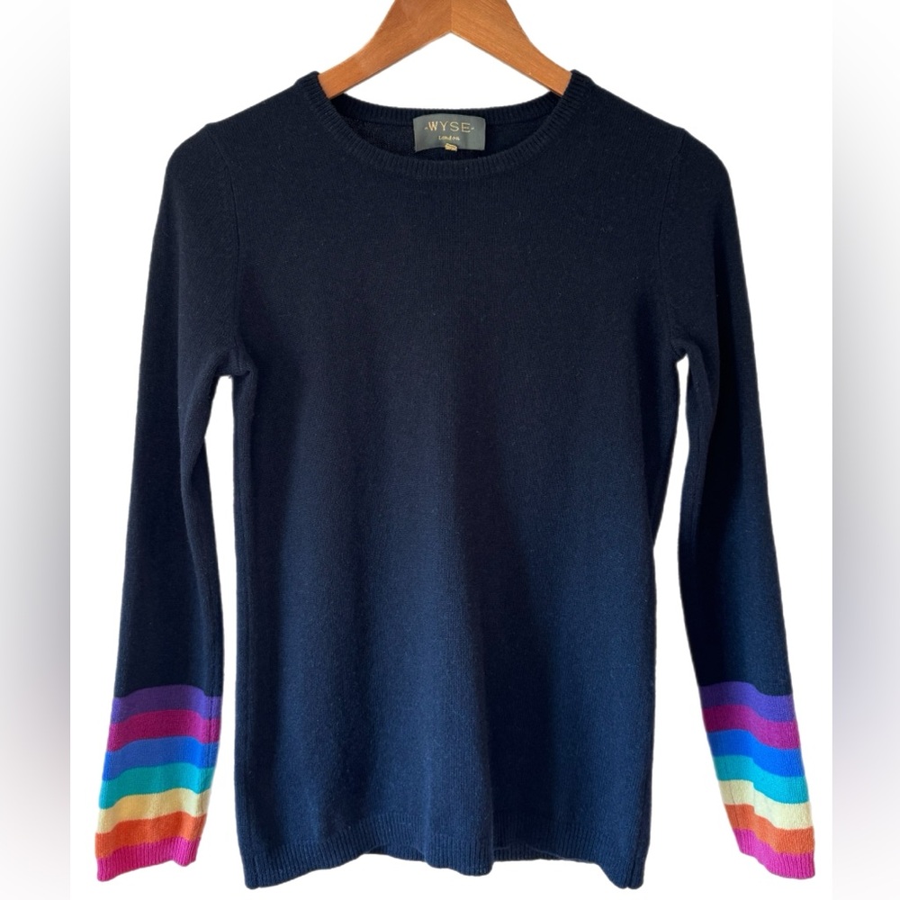 Women WYSE London Crew Neck Navy Cashmere Sweater With Multi-Color Stripes Sz 1